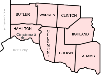 Interactive image of counties in the greater Cincinnati Ohio area