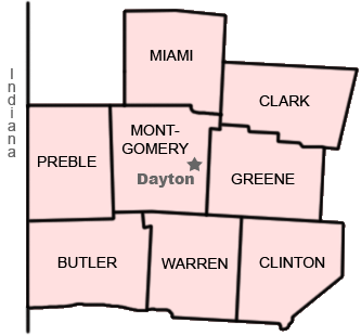 Interactive image of counties in the greater Dayton, Ohio area